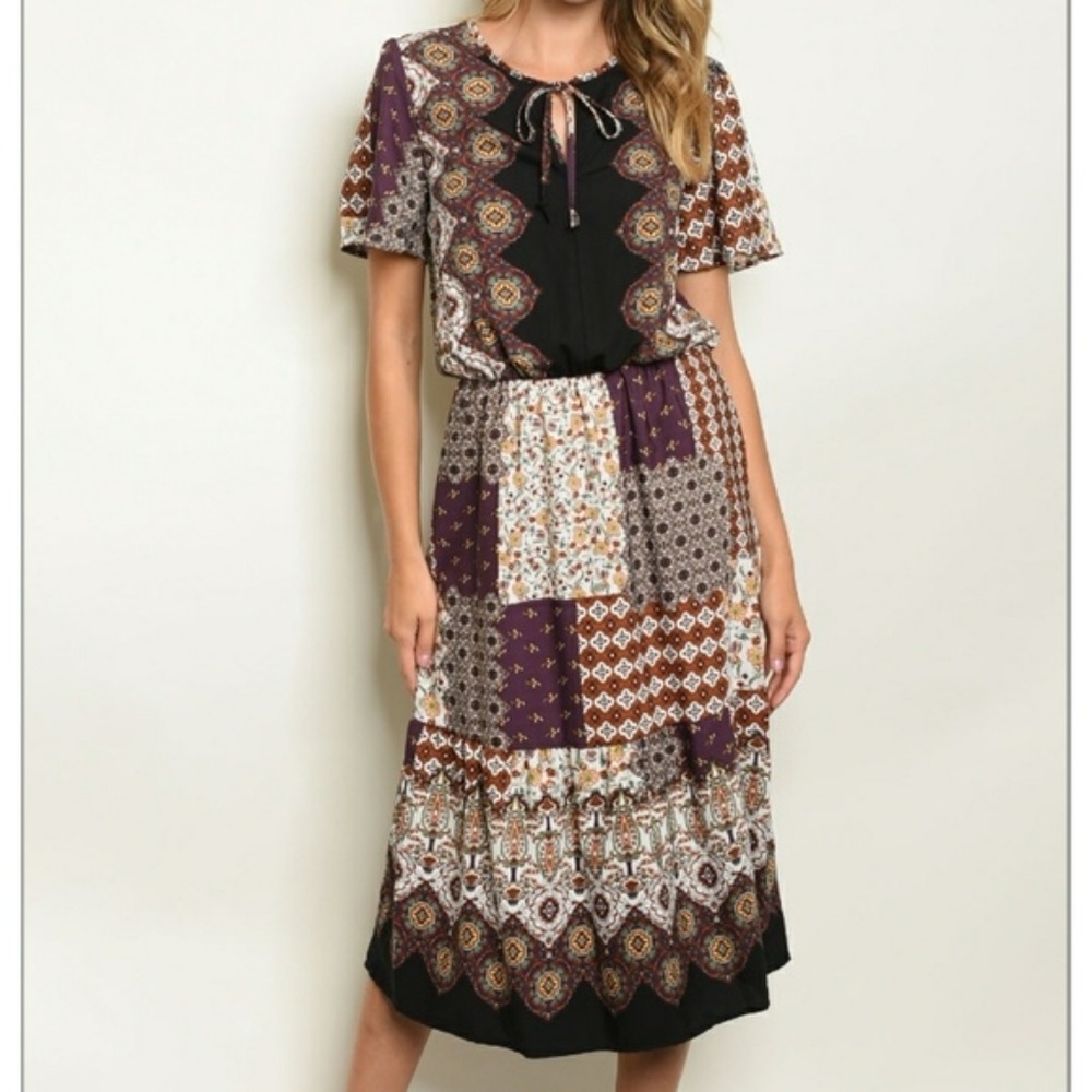 Wine Mixed Media Patchwork Dress - Picture 1 of 5